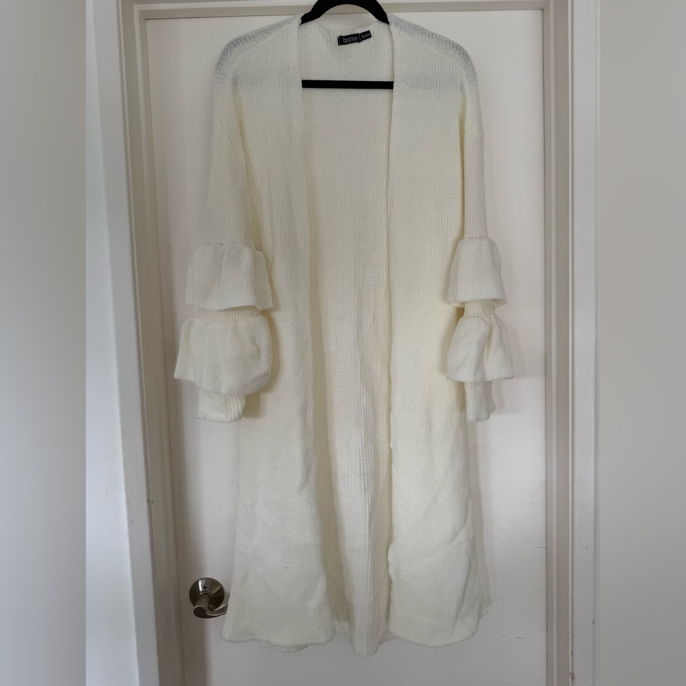 Boohoo White Knit Cardigan with Ruffled Sleeve Details